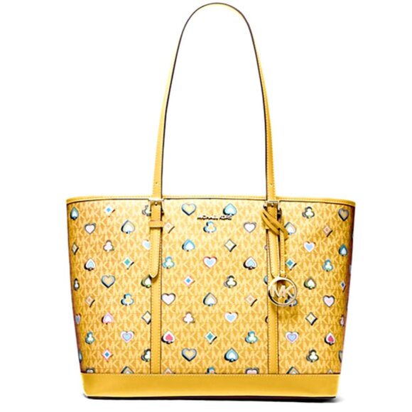 New Michael Kors Jet Set Large Printed Signature Logo Tote Bag Honey - Picture 2 of 5
